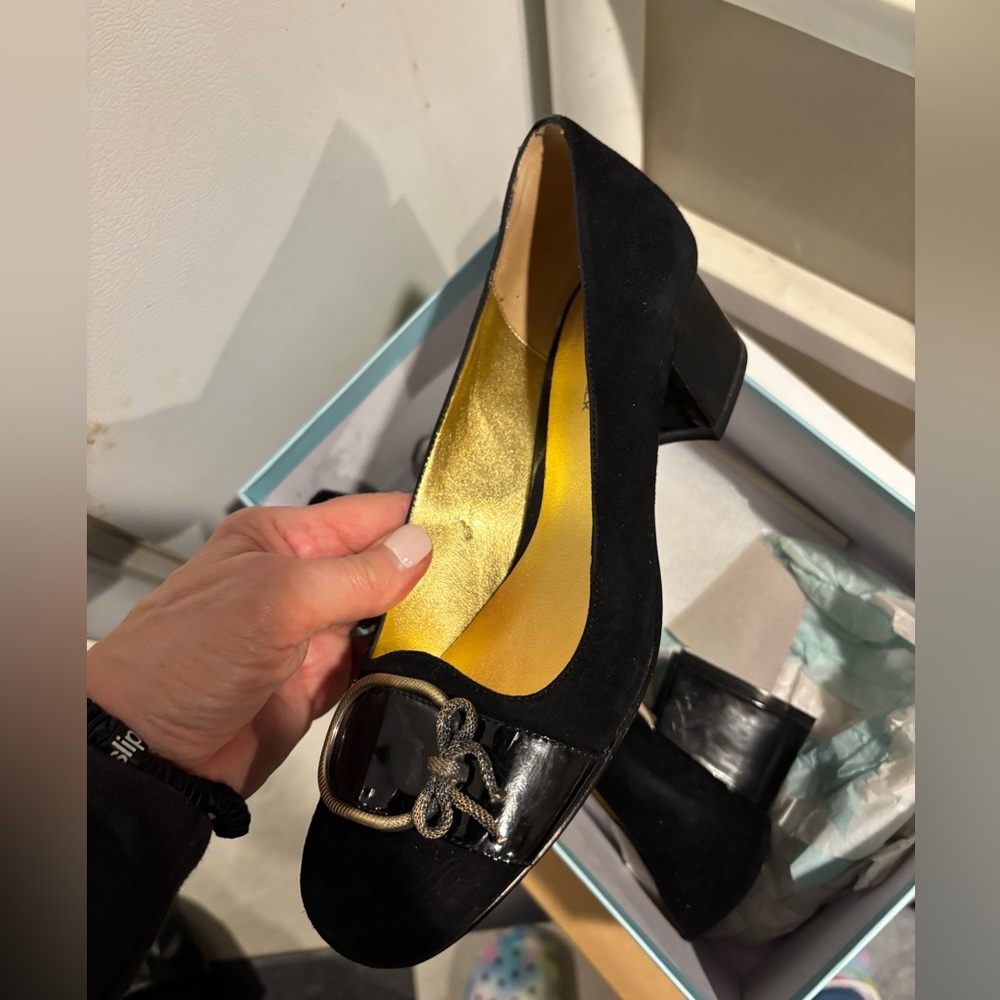 Chic Black suede Heels with Gold Interior